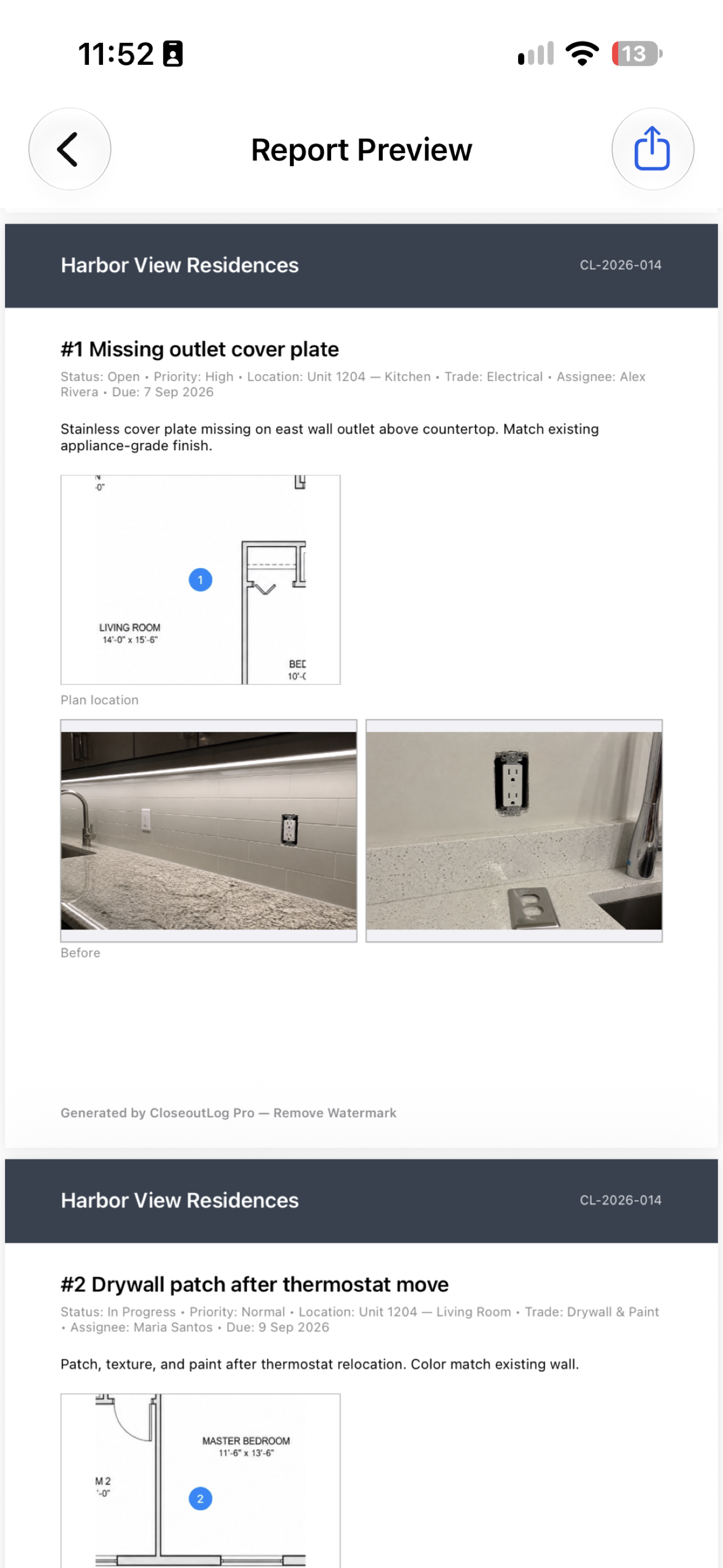 CloseoutLog branded PDF closeout report with photos and floor plan pins