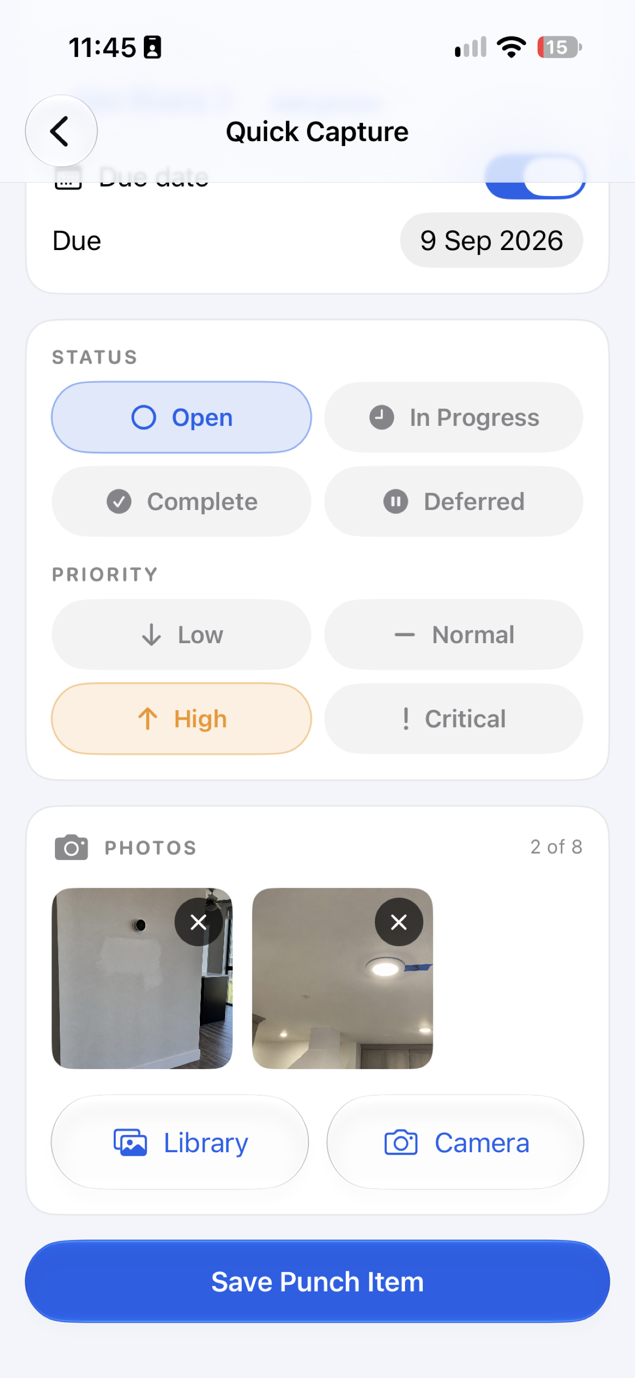 CloseoutLog Quick Capture with title, location, trade assignment, and field photos