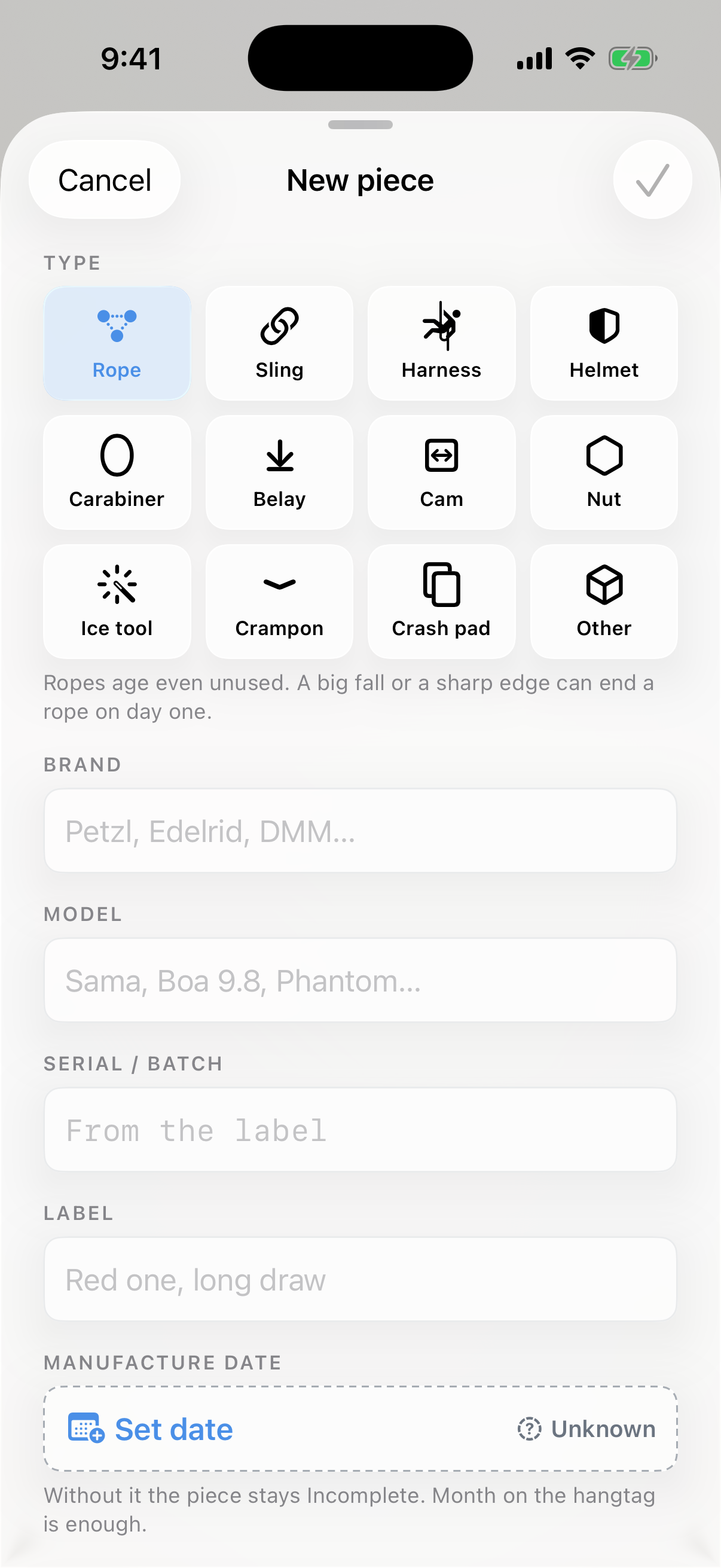 RackLog add piece form with manual entry fields