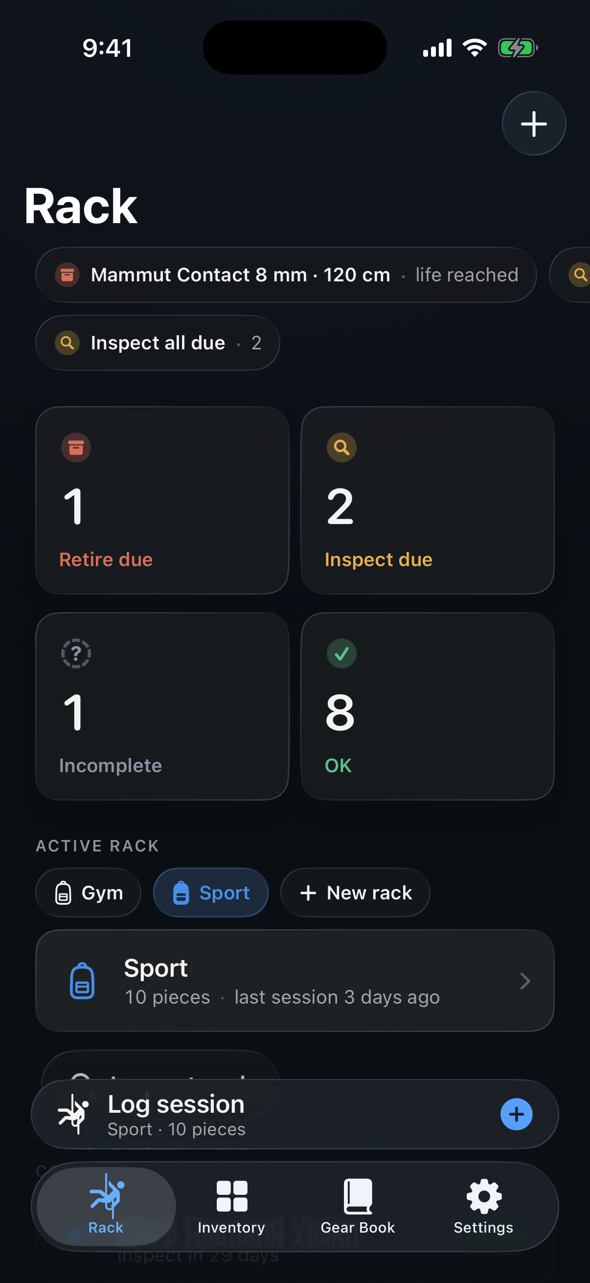 RackLog home screen with status clusters for due, incomplete, and OK gear