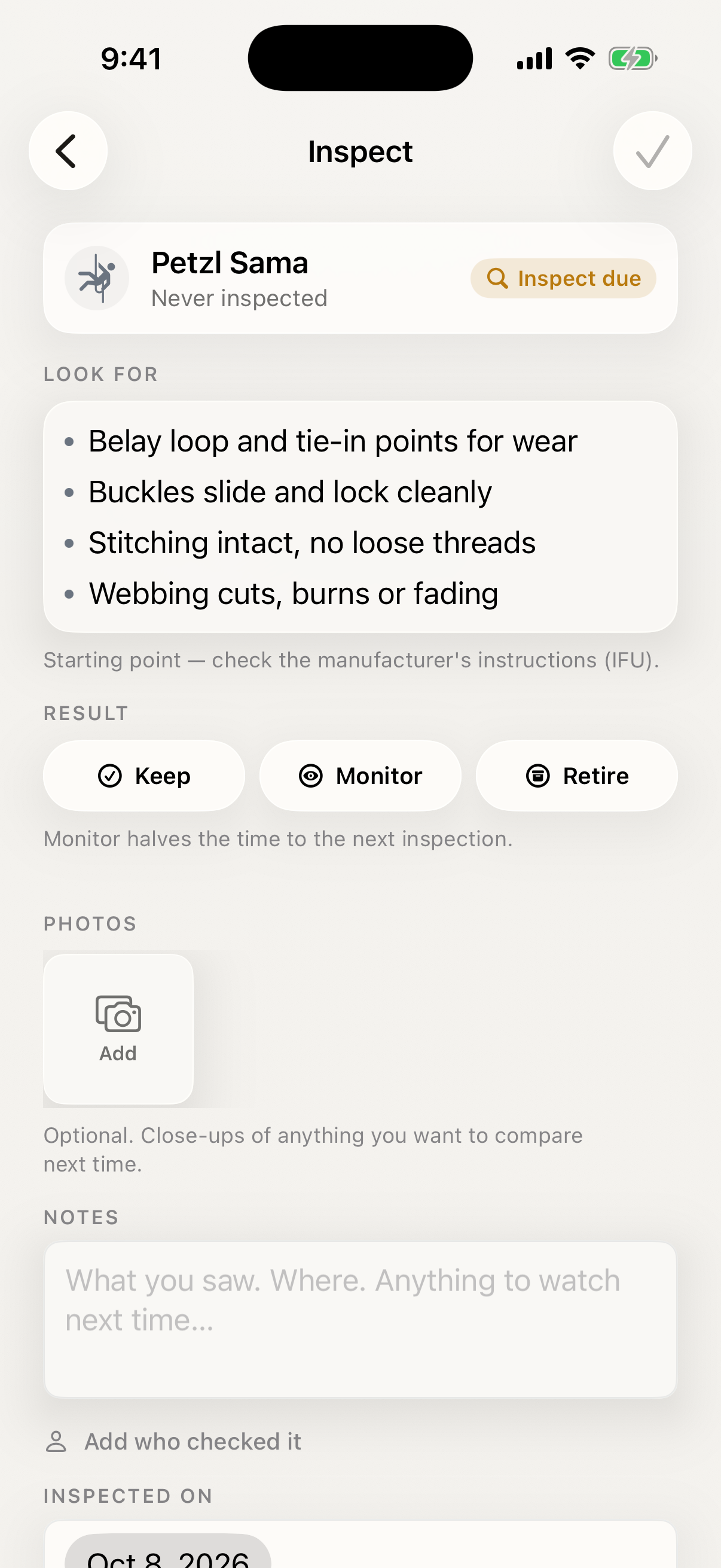 RackLog inspection flow for a harness with notes and result