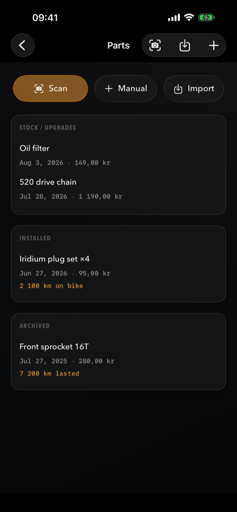 RenchLog parts inventory showing stock, installed, and archived parts